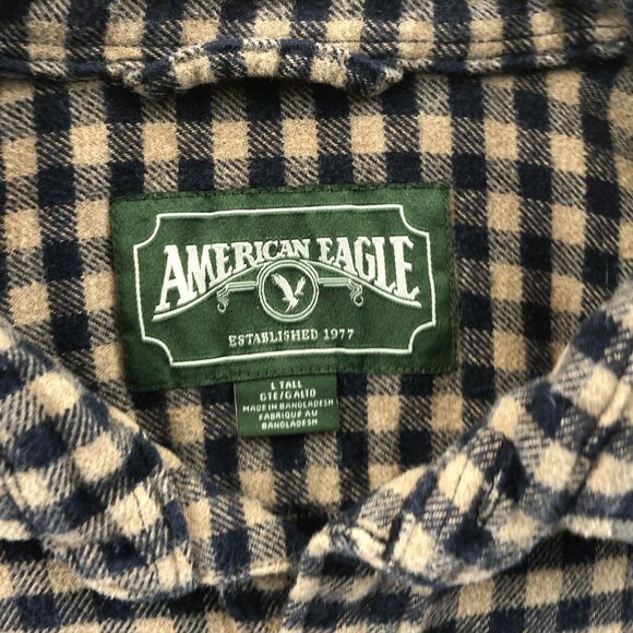 American Eagle Mens Shirt LT Brown Checkered Flannel Button Up Casual - Picture 6 of 10